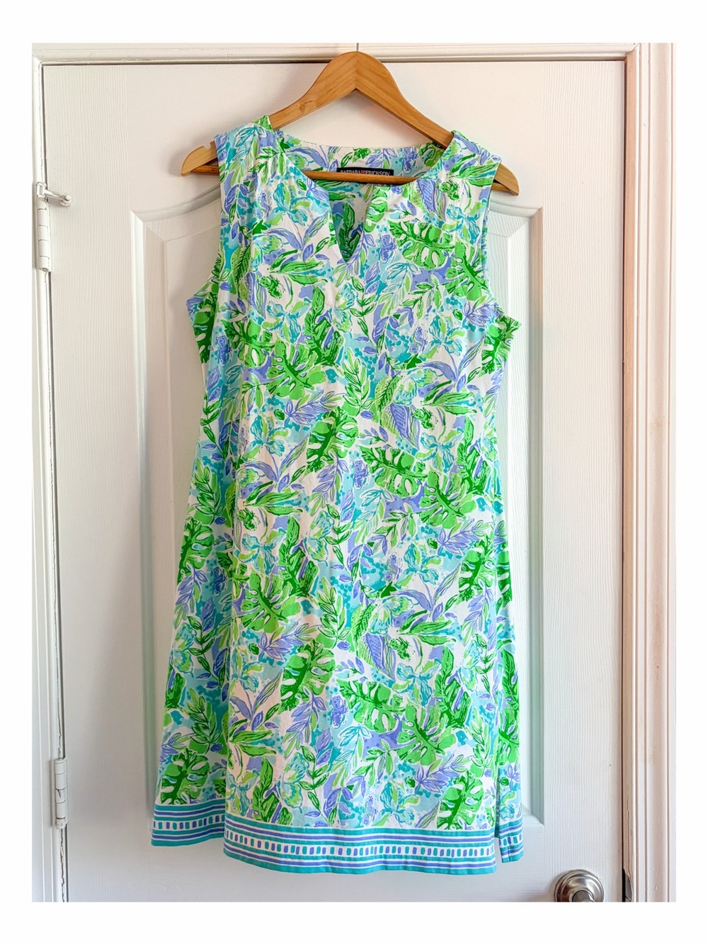 Barbara Erickson Tropical Print Shift Dress Size L Sleeveless Palm Leaf Resort